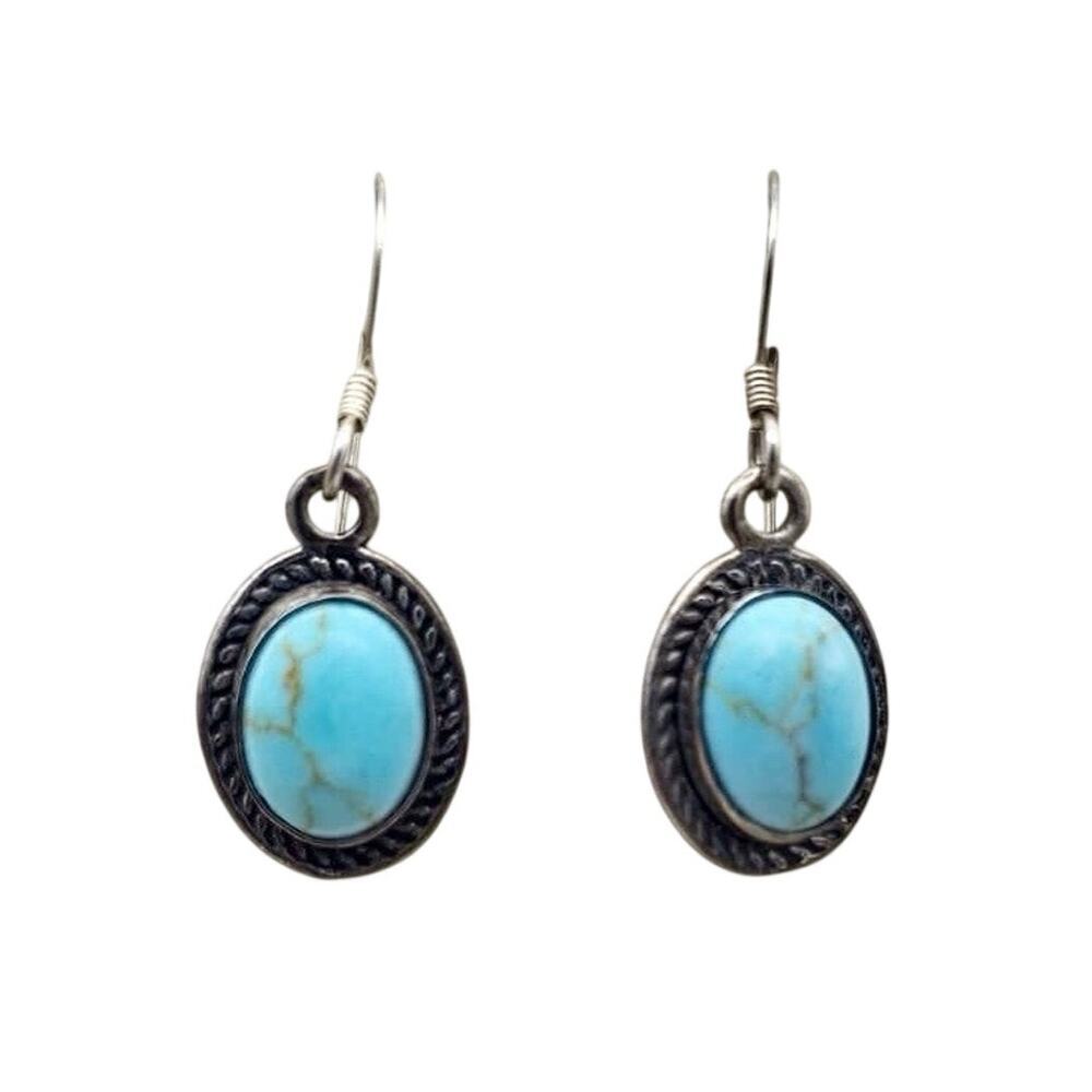 Vintage Southwestern Sterling Silver Turquoise Bezel Earrings Signed